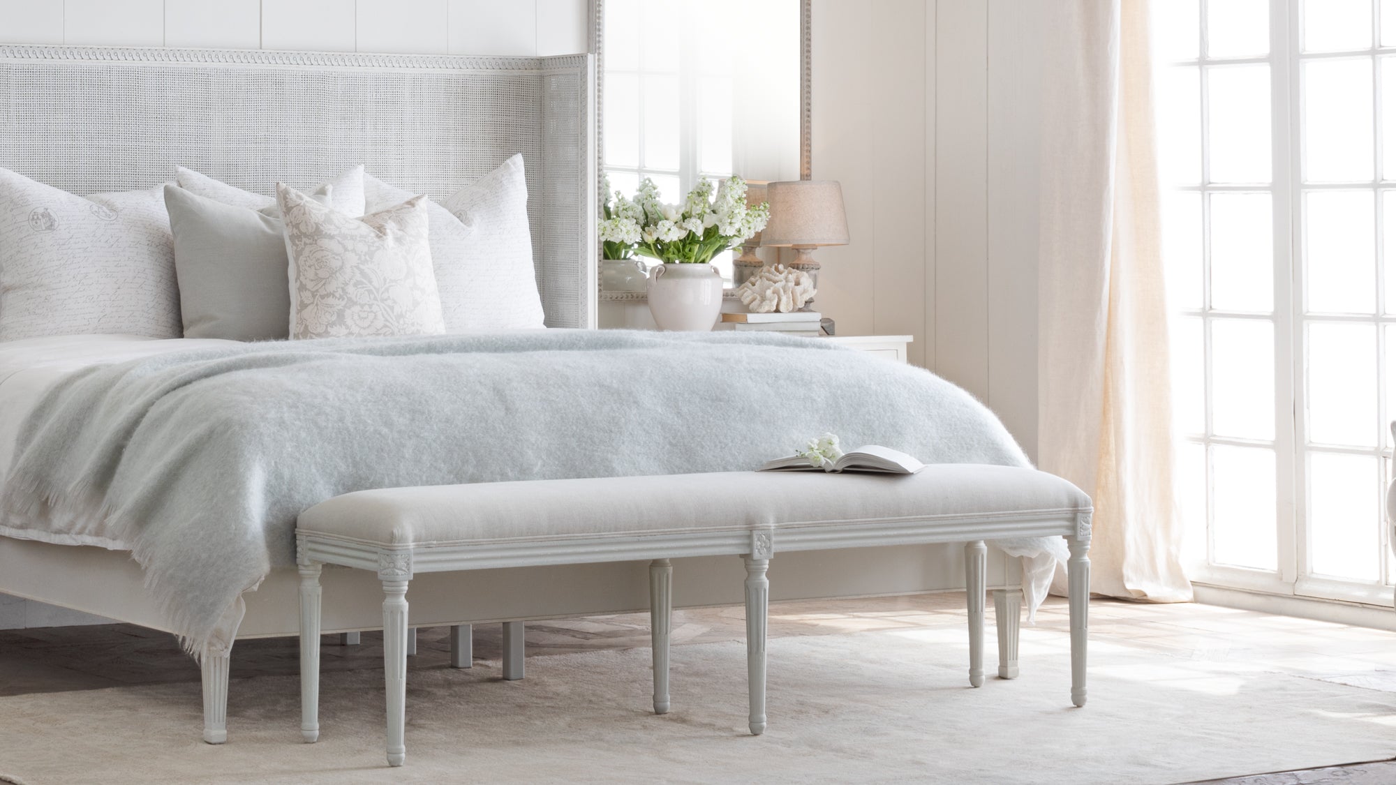 King Boudoir Bench in Sand Dune Linen and Sea Glass Finish – Eloquence