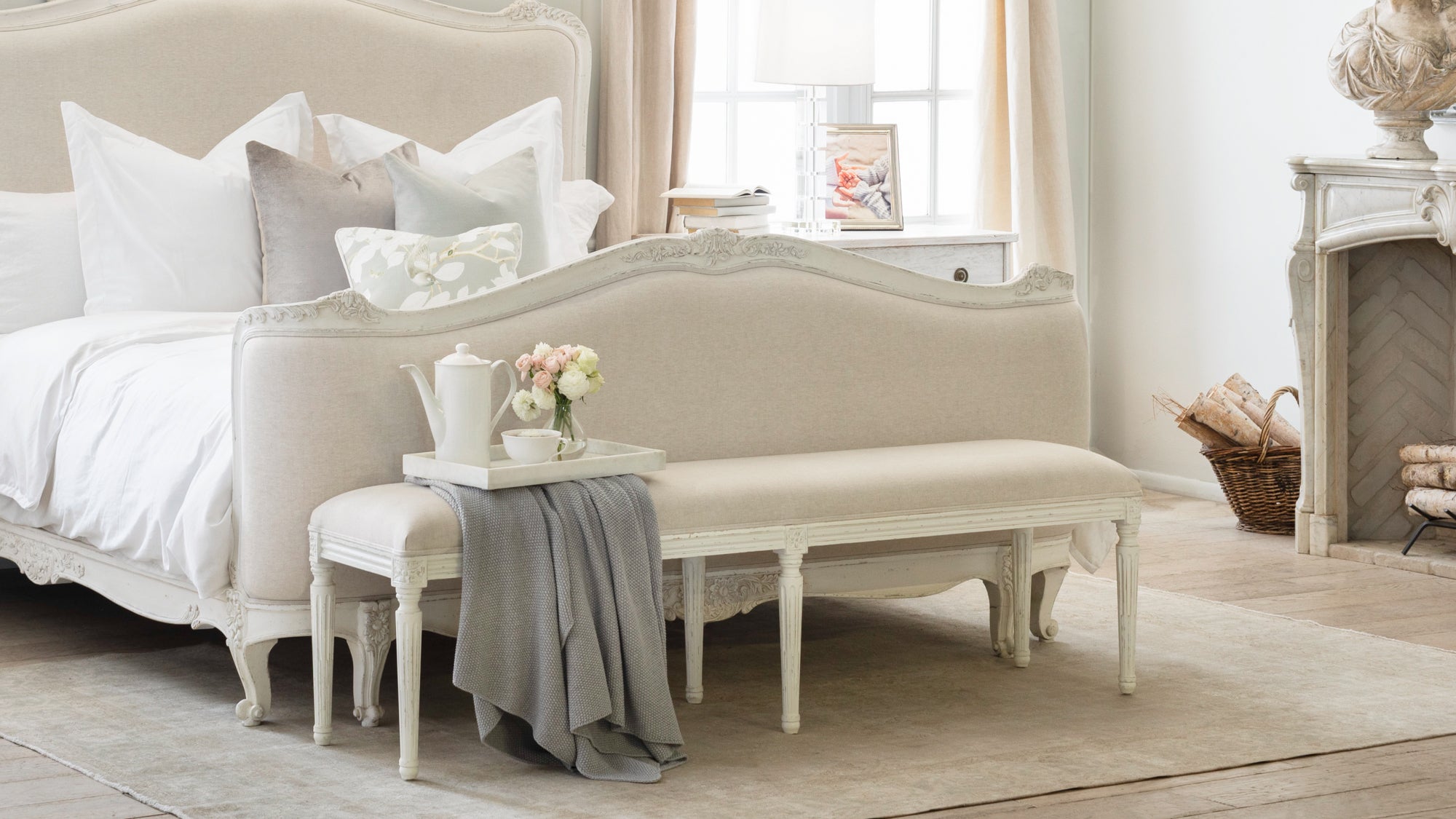 Boudoir Bench in Fog Linen and Antique White Finish – Eloquence