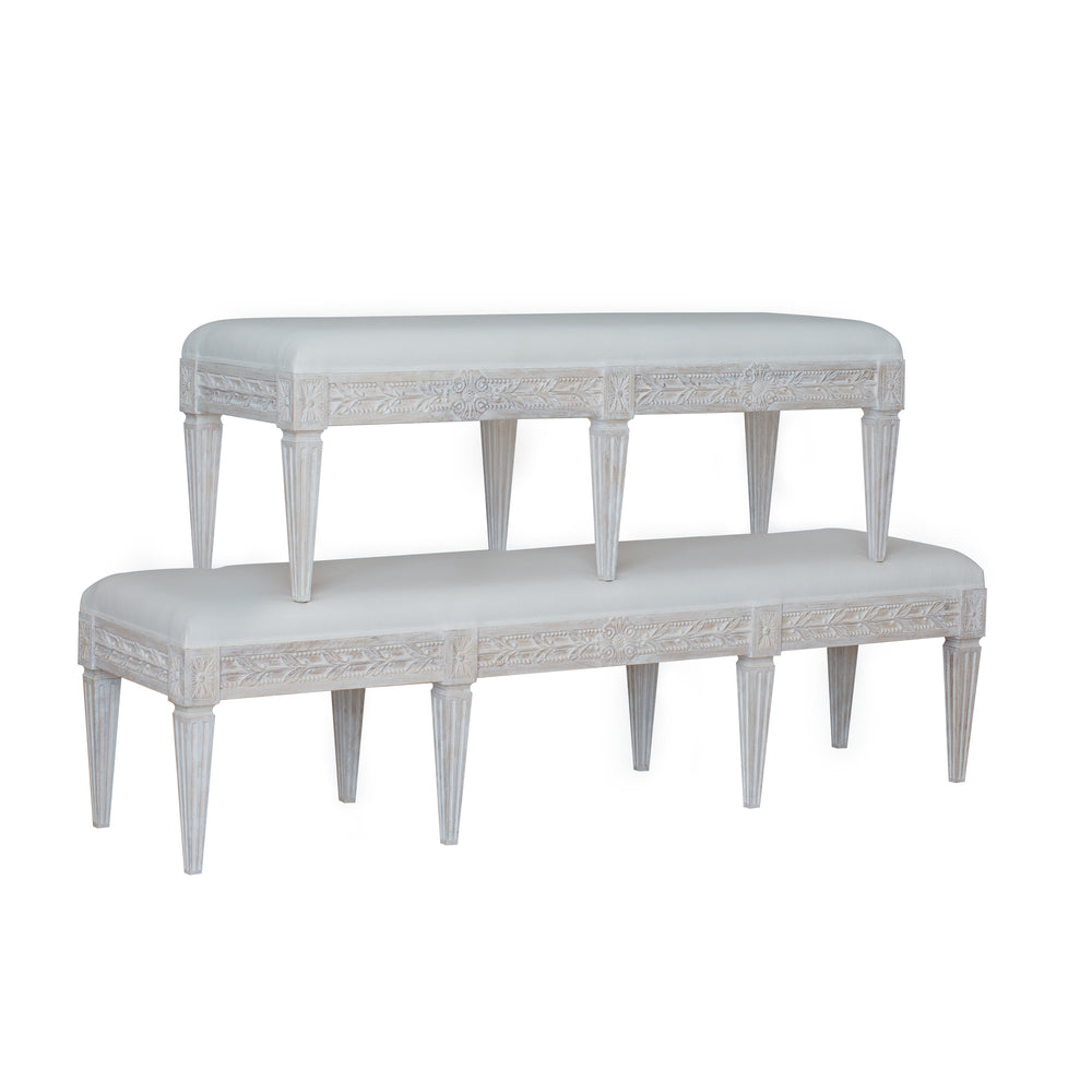 King Anais Bench in White Linen and Salt Water White Finish