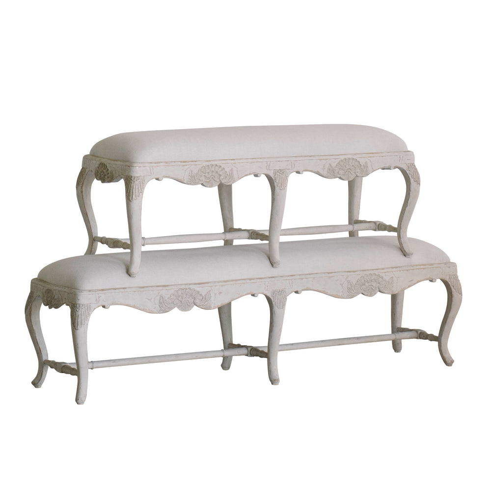 Rococo Bench in Sand Dune Linen and Tea Steeped Taupe Finish