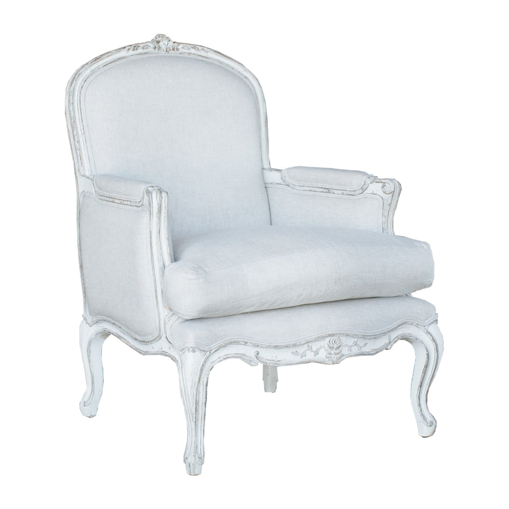 La Belle Bergère in Fog Linen and Gesso and Oyster Finish