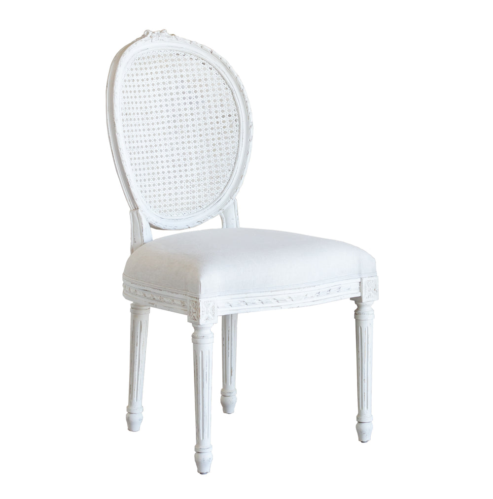 Louis Cane Dining Chair in Fog Linen and Antique White Finish