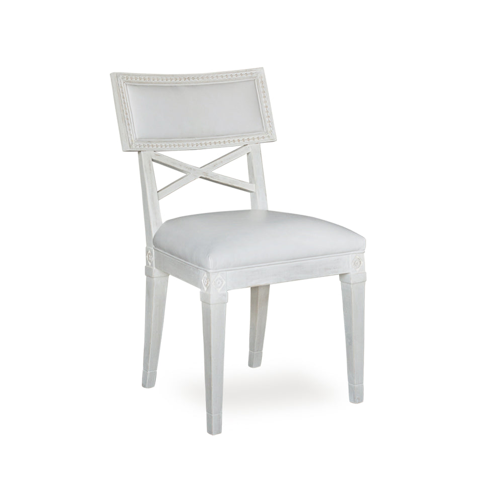 La Belle Fleur Dining Chair in White Leather and Chantilly White Finish