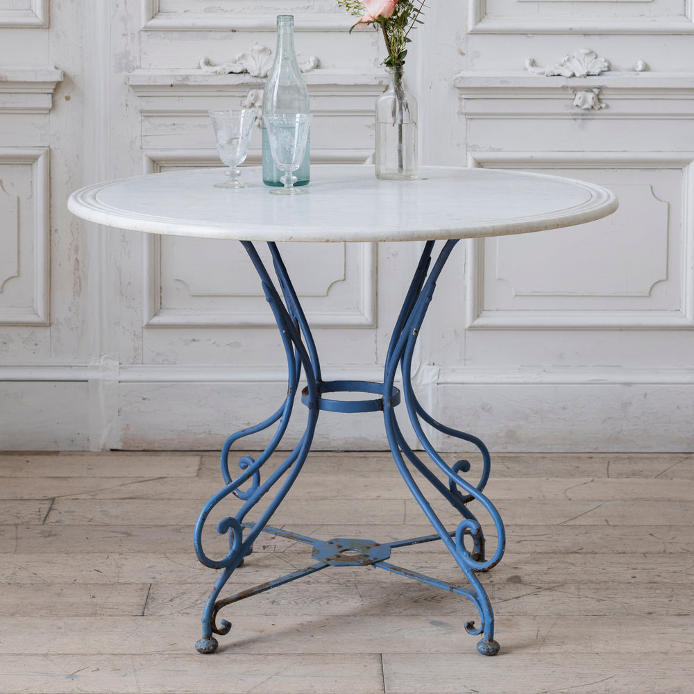 Vintage Garden Table with Etched Marble and Blue Base