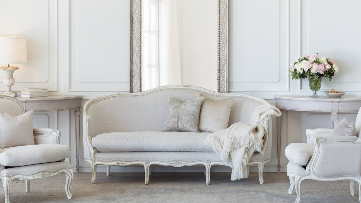 Seraphine Canape Sofa in Fog Linen and Gesso and Oyster Highlight Finish