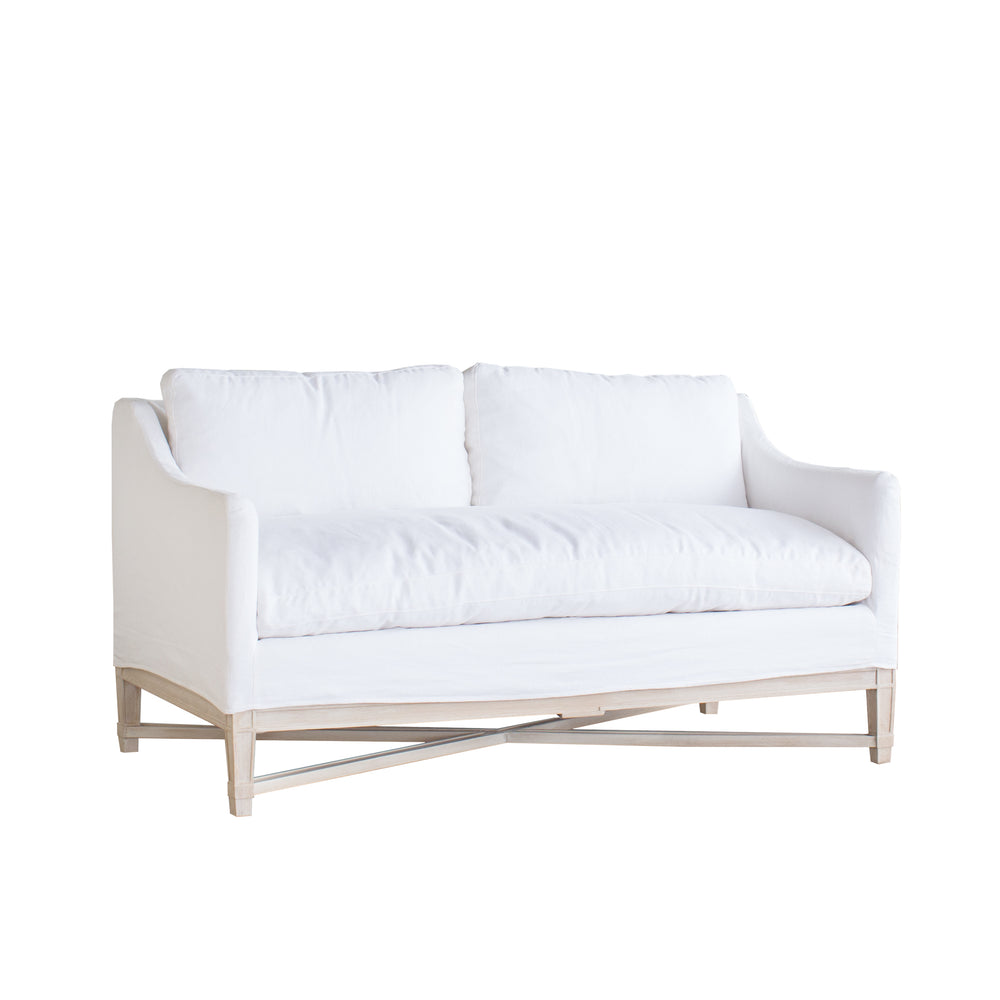 Scandinavian Loveseat in Whispy White Linen Slipcover and Worn Oak Finish