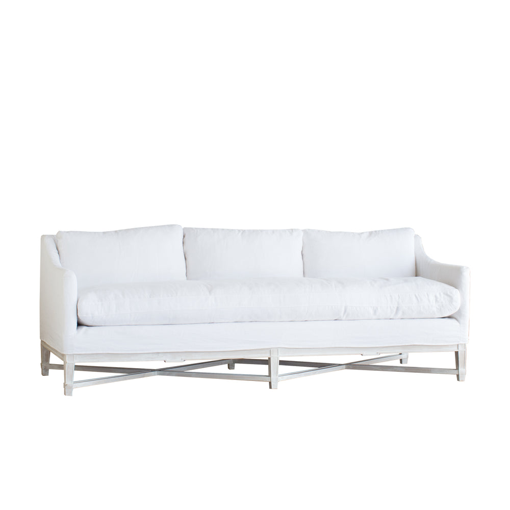 Scandinavian Sofa in Whispy White Linen Slipcover and Worn Oak Finish