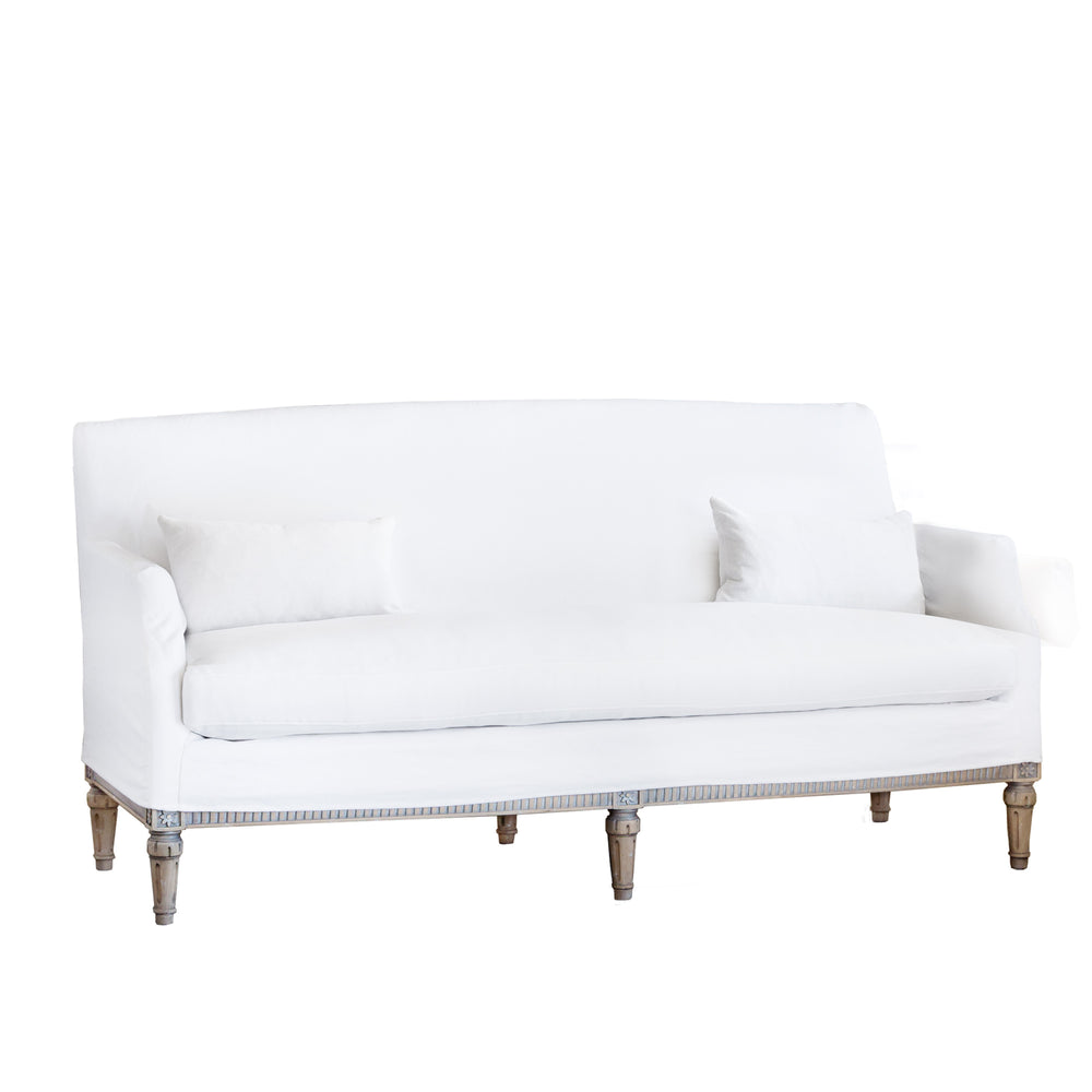 Louis Cannes Loveseat in Whispy White Linen Slipcover and Starboard Oak Finish