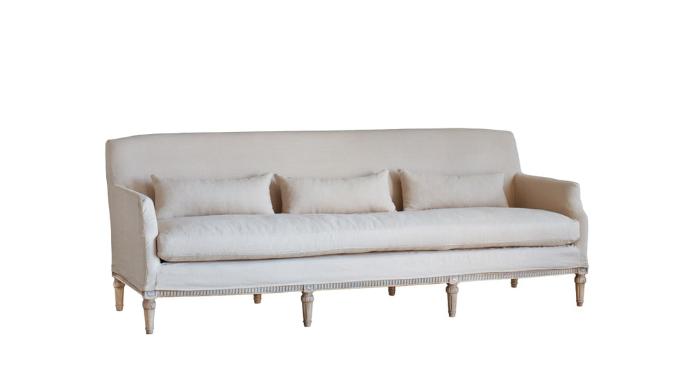 Louis Cannes Sofa in Harvest Linen Slipcover and Starboard Oak Finish