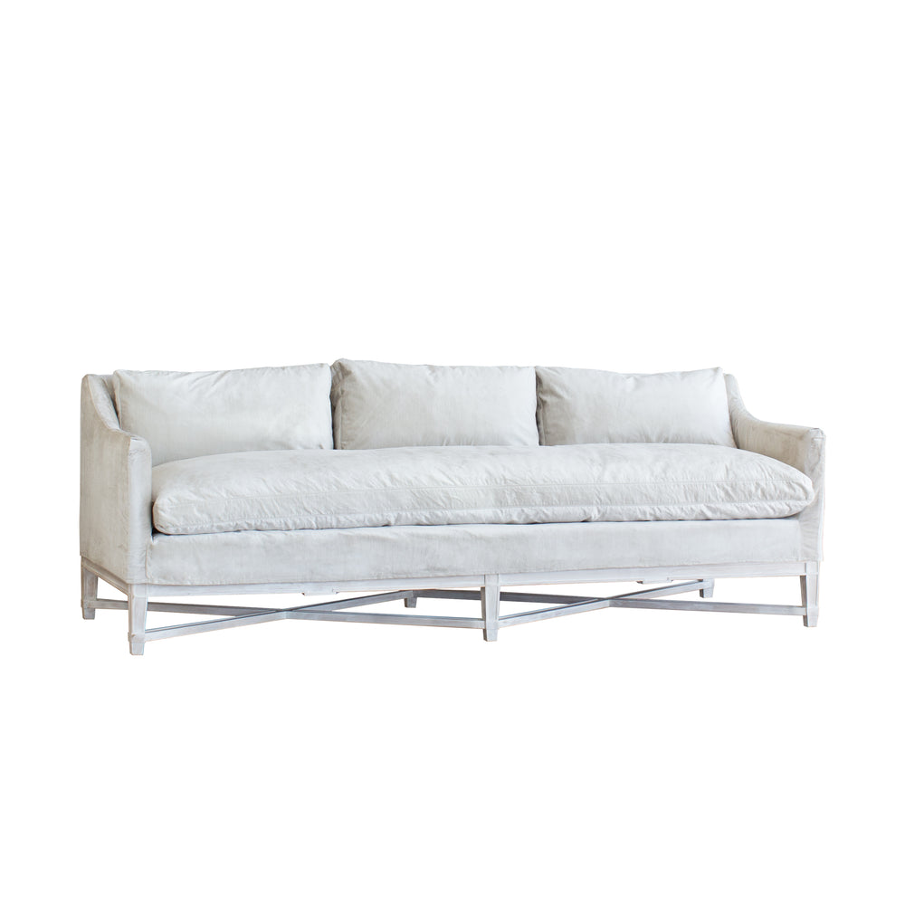 Scandinavian Sofa in Dove Velvet Slipcover and Worn Oak Finish
