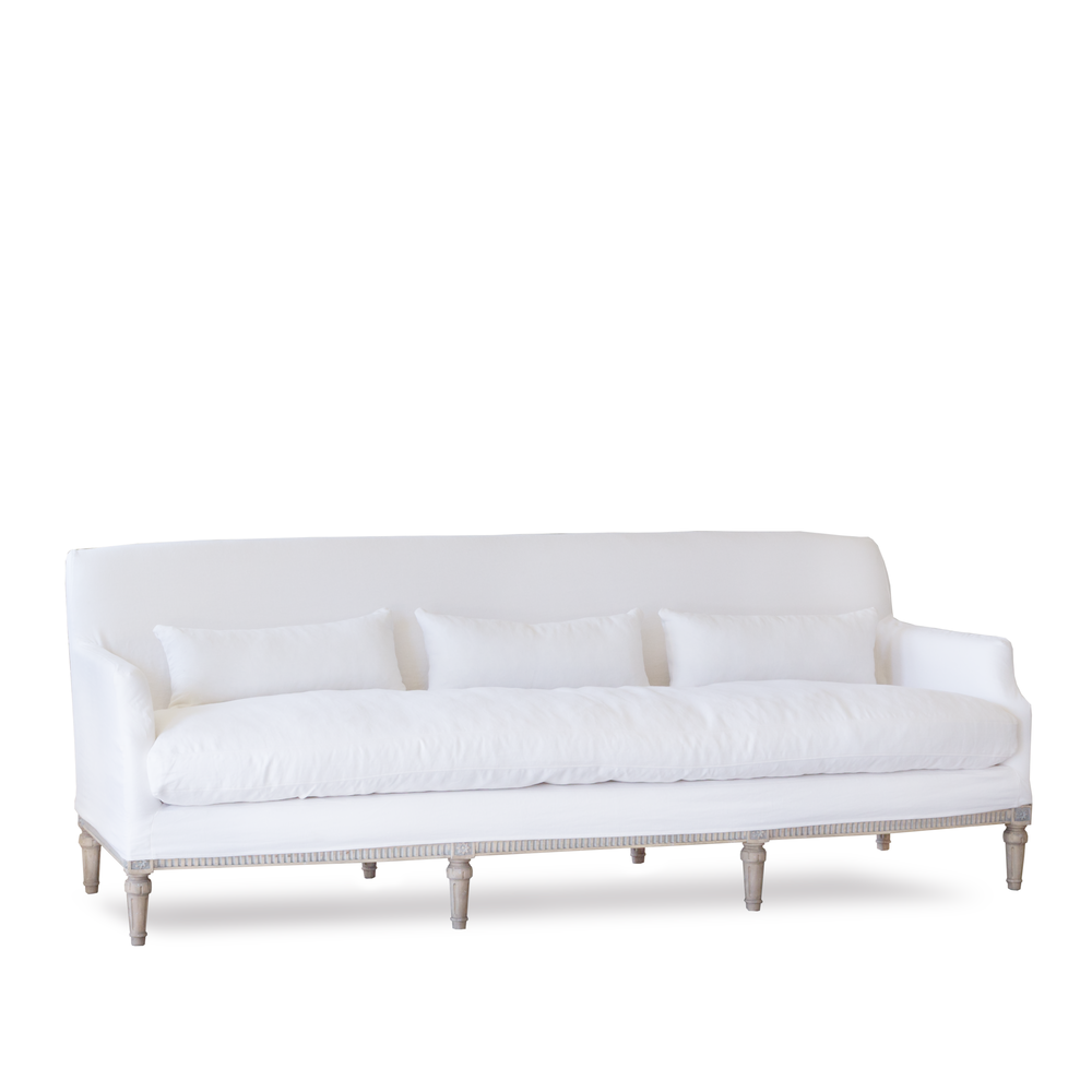 Louis Cannes Sofa in Whispy White Linen Slipcover and Starboard Oak Finish
