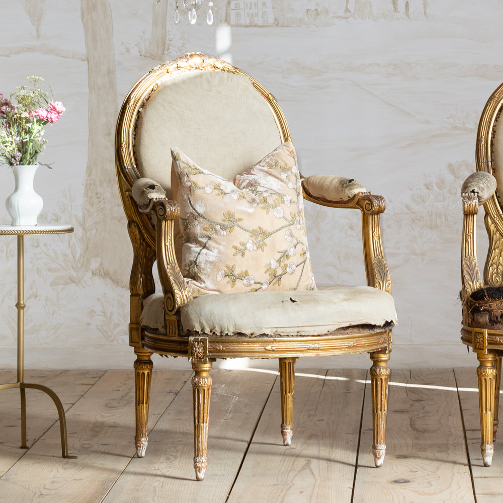 Antique Louis XVI Gilt Oval Back Armchairs II