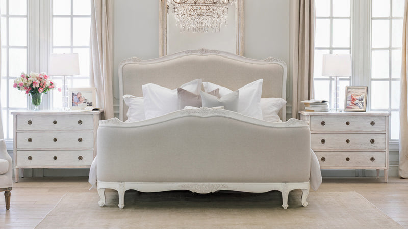 Sophia Bed in Fog Linen and Antique White Finish