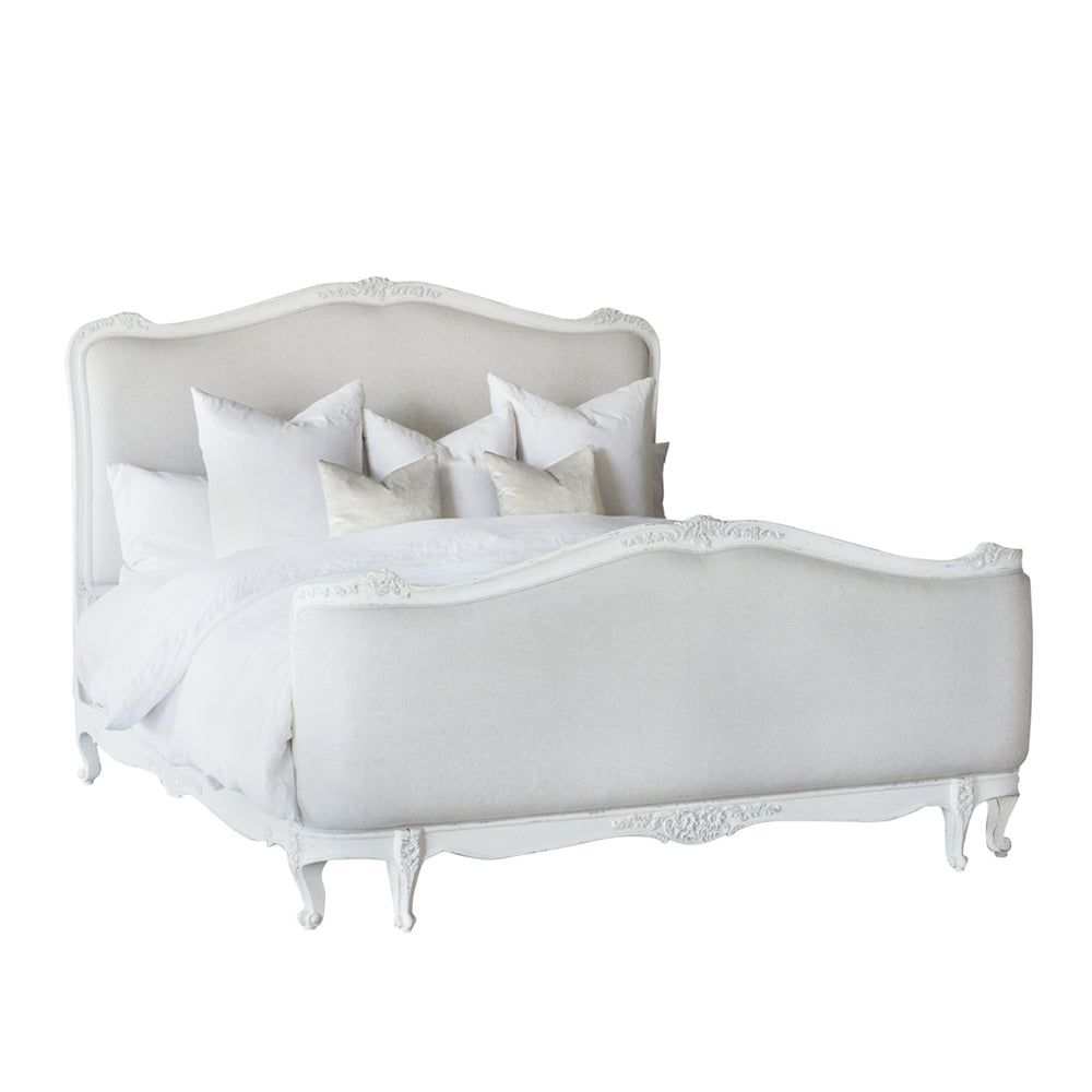 Sophia Bed in Fog Linen and Antique White Finish
