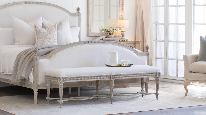Constance Bench in Fog Linen and Beach House Natural Finish