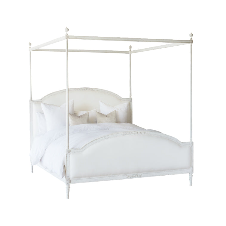 Dauphine Canopy Bed in White Linen and Weathered White Finish