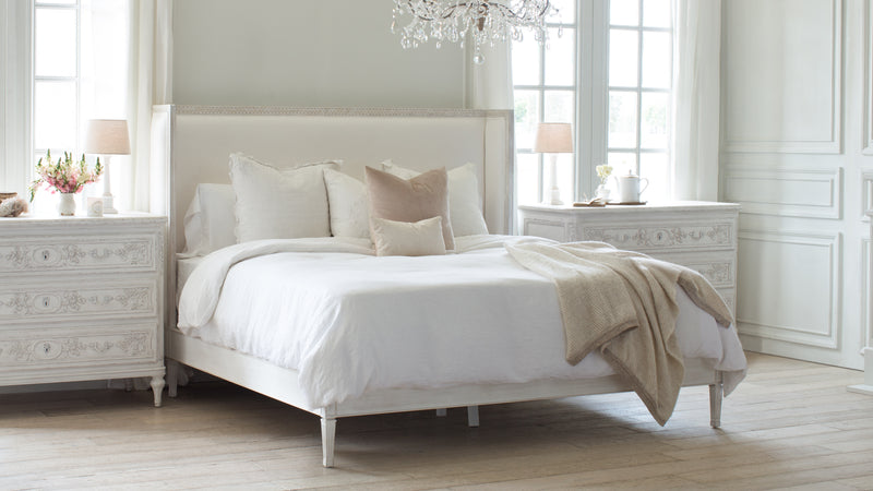 Cassia Bed in White Linen and Salt Water White Finish