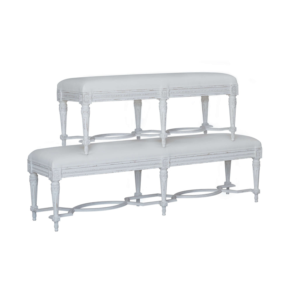 Constance Bench in White Linen and Weathered White Finish
