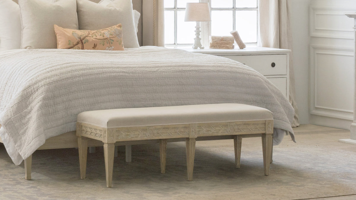 Queen Mary Rack Bench Queen Anais Bench in Storm Linen and Nordic Oak Finish – Eloquence