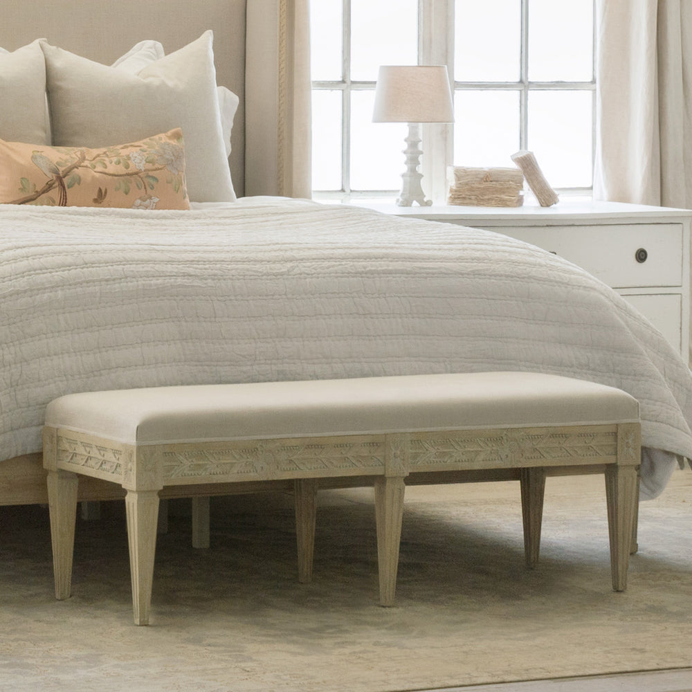 Queen Anais Bench in Storm Linen and Nordic Oak Finish