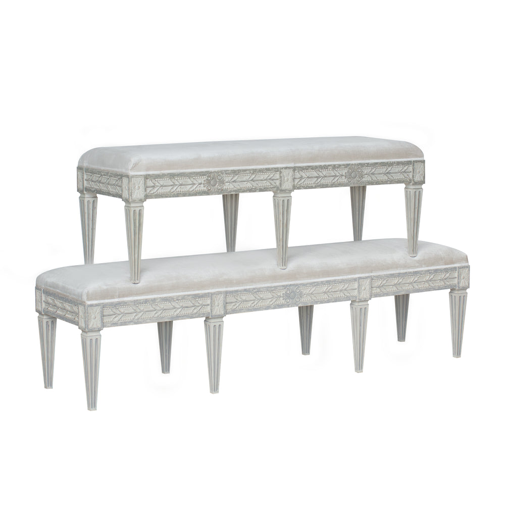 King Anais Bench in Dove Velvet and Antique Grey Finish