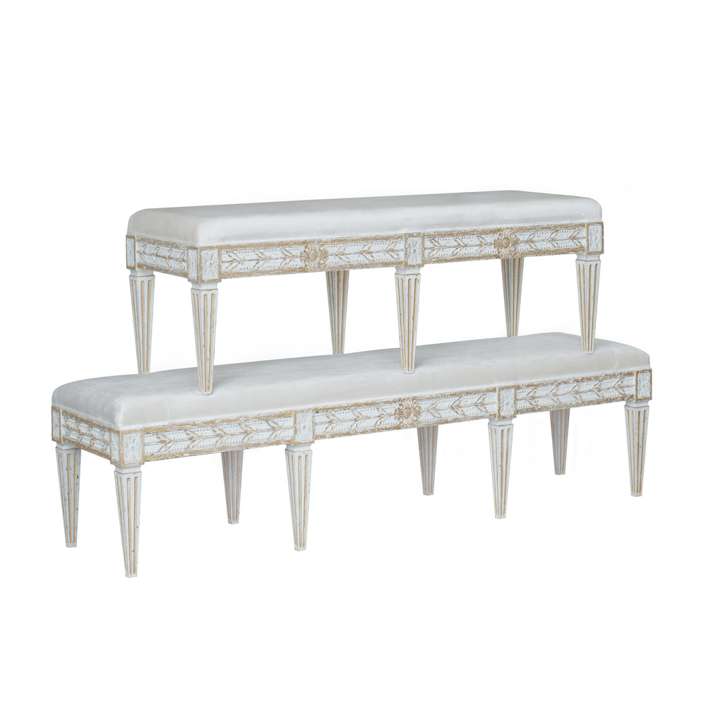 Anais Bench in Ivory Velvet and Antique White with Gold Leaf Finish
