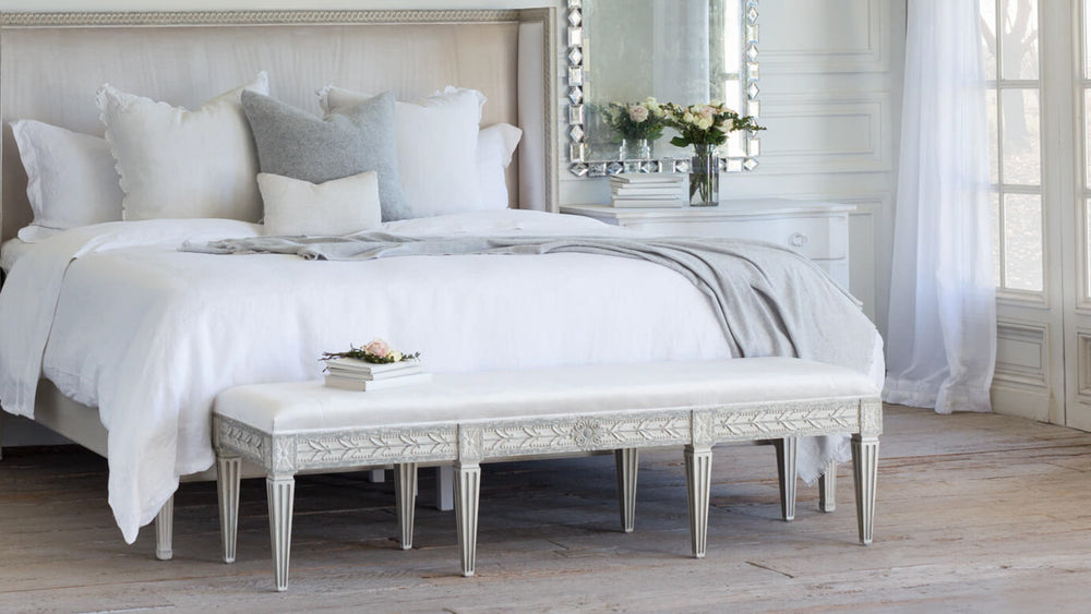 King Anais Bench in Dove Velvet and Antique Grey Finish
