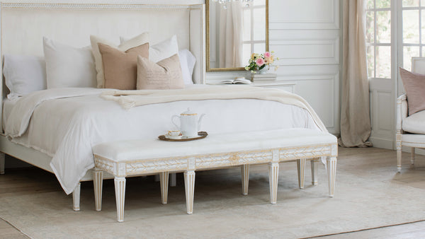 Anais Bench in Ivory Velvet and Antique White with Gold Leaf