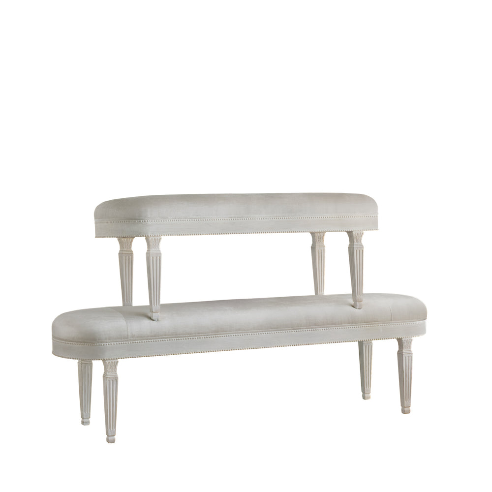 Cosette Bench in Dove Velvet & Porcelain White Finish