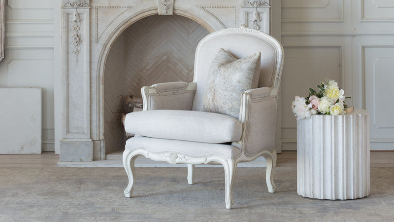 La Belle Bergère in Fog Linen and Gesso and Oyster Finish