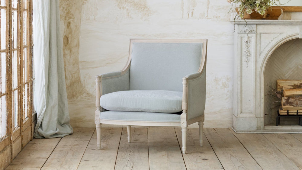 Hugo Berg√®re in French Eggshell Chenille and Pale Ashwood Finish