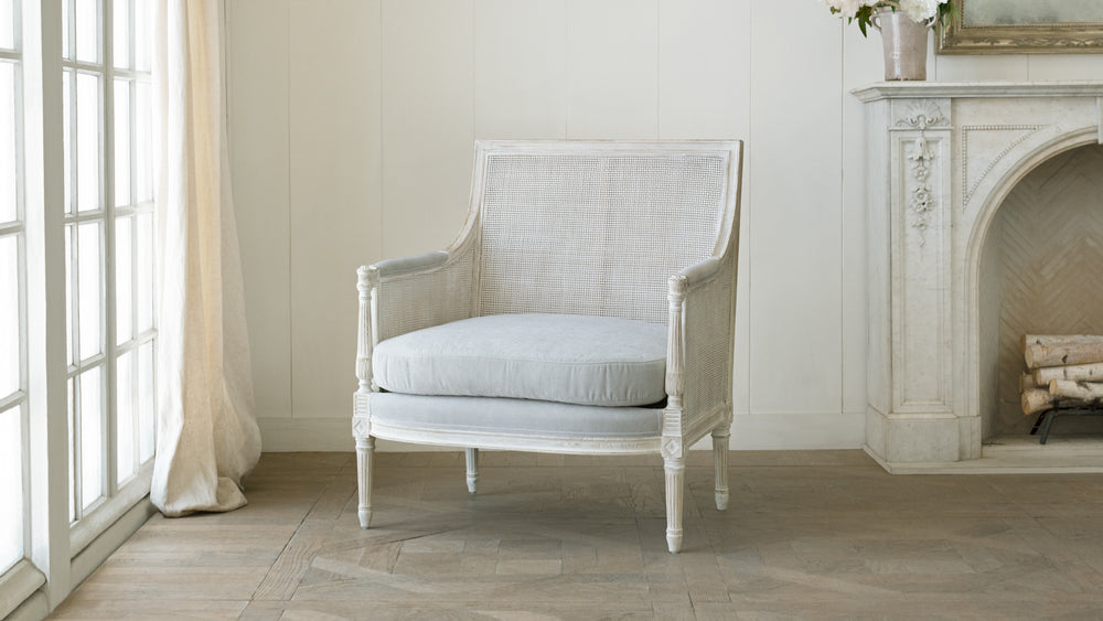 Hugo Cane Berg√®re in French Eggshell Chenille and Porcelain White Finish