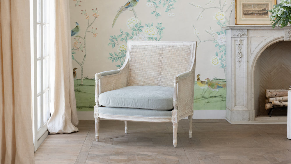 Hugo Cane Berg√®re in Celadon Chenille and Pale Poplar Finish