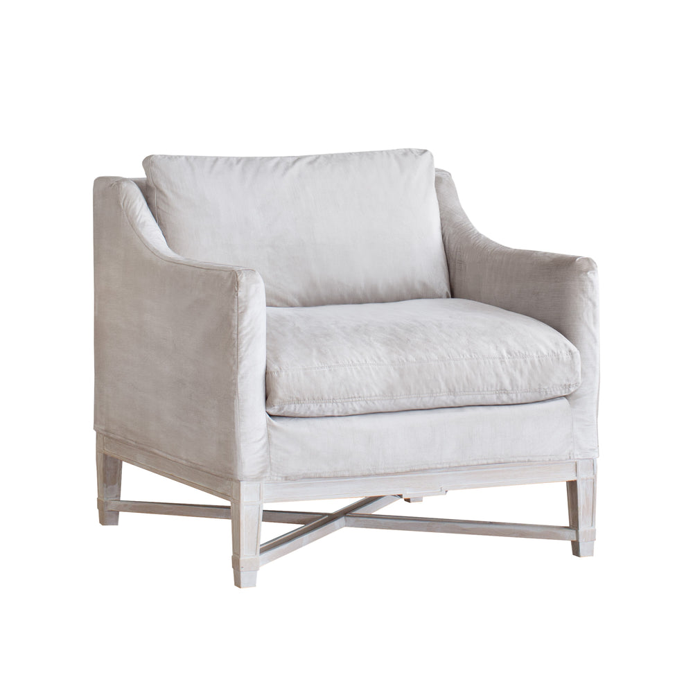 Scandinavian Bergere in Dove Velvet Slipcover and Worn Oak Finish