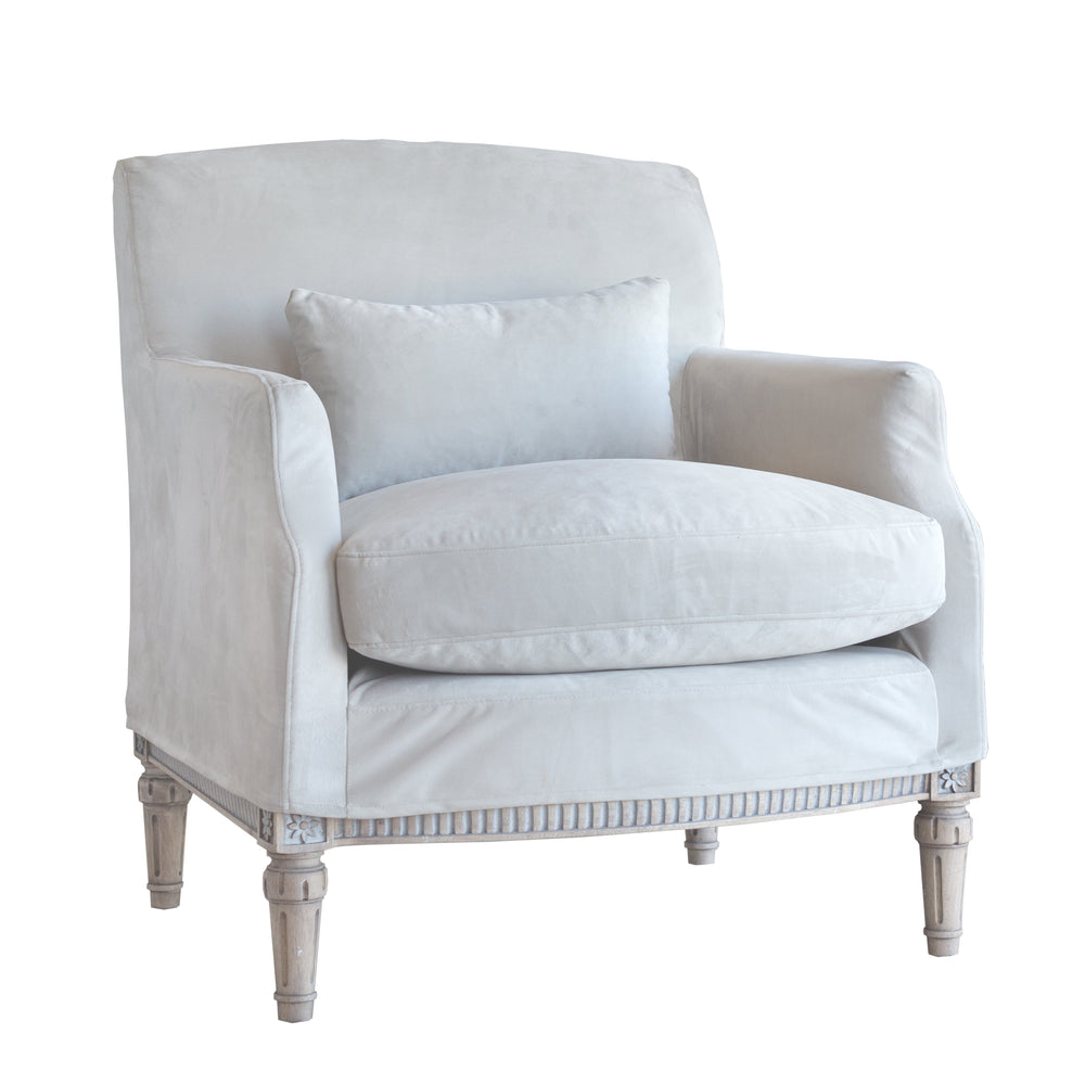 Louis Cannes Bergere in Cloudy Velvet Slipcover and Starboard Oak Finish