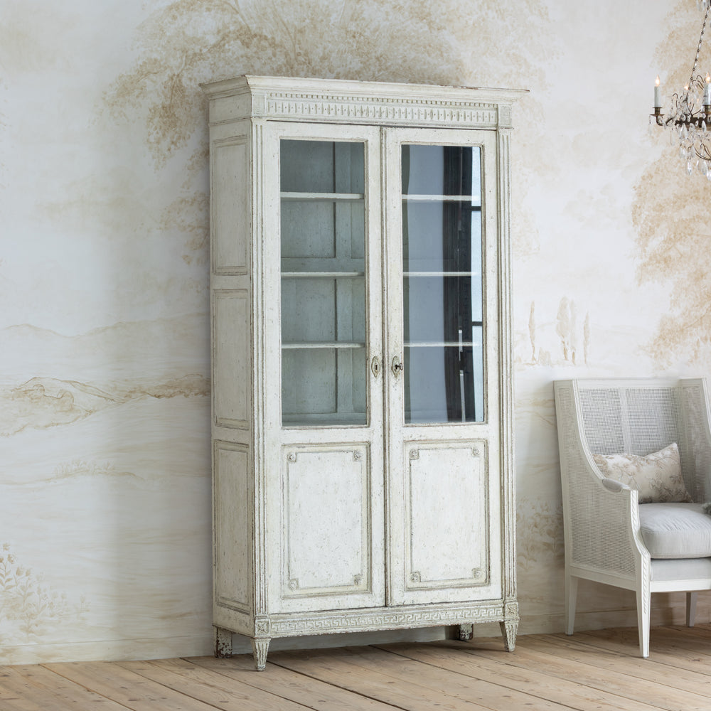 Antique White Louis XVI Glass-Doored Cabinet