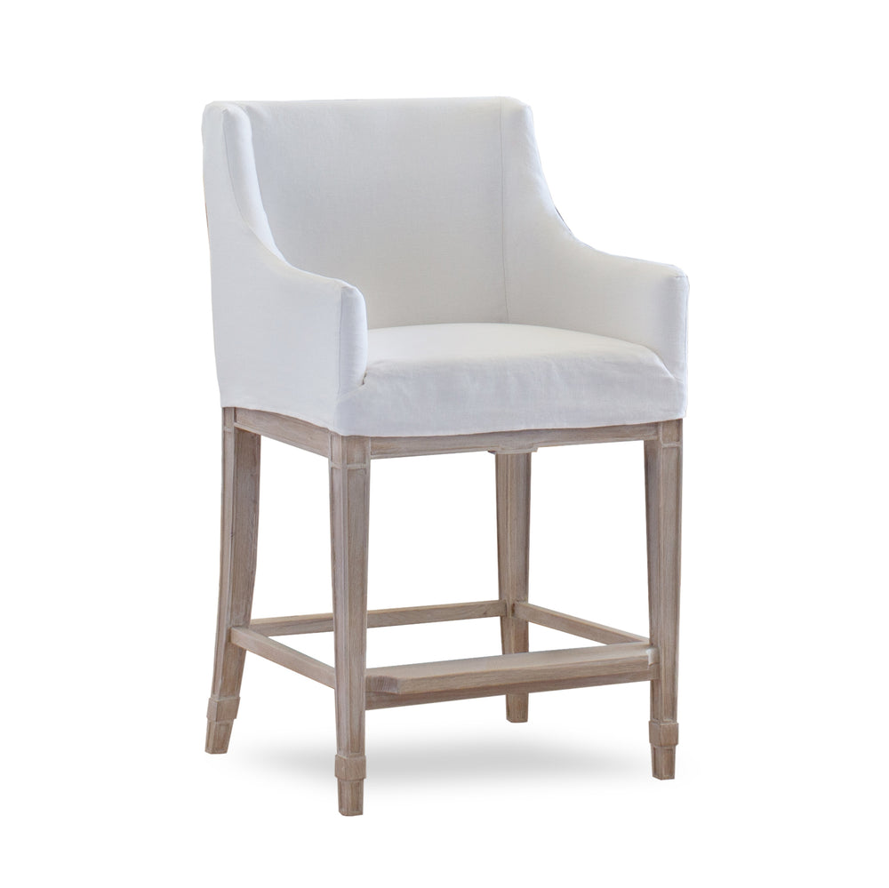 Scandinavian Counter Chair in Whispy White Linen Slipcover and Worn Oak Finish