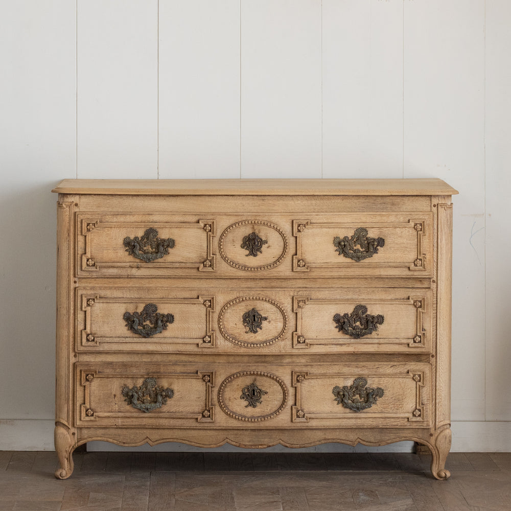 Antique Louis XV Oak Three-Drawer Commode with Carved Detail