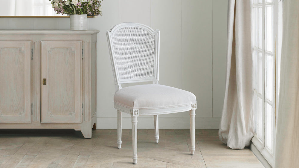 Flins Cane-Back Dining Chair in Salt Velvet and Sea Glass Finish