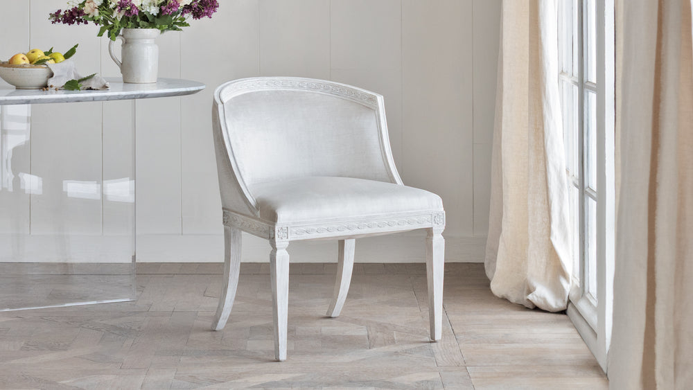 Emilie Barrel Back Dining Chair in Dove Velvet and Porcelain White Finish