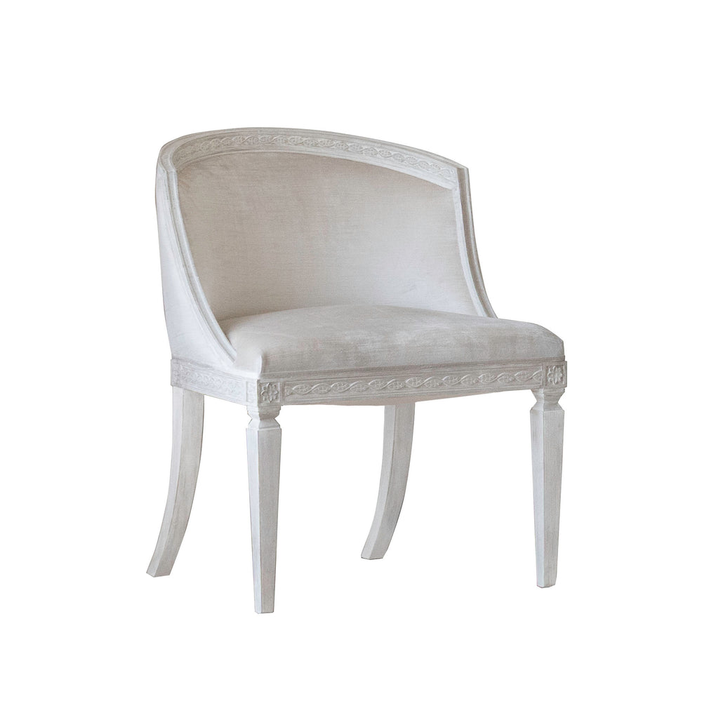 Emilie Barrel Back Dining Chair in Dove Velvet and Porcelain White Finish