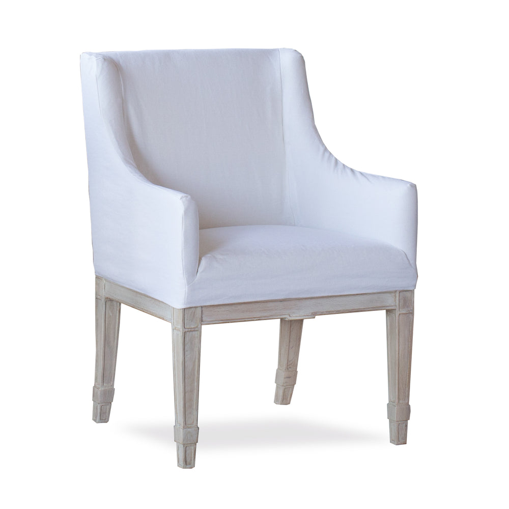 Scandinavian Dining Chair in Whispy White Linen Slipcover and Worn Oak Finish