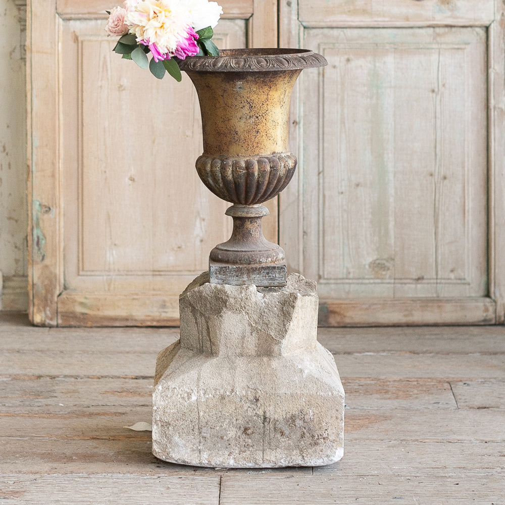 Antique Cast Iron Medici Urn on Stone Pedestal