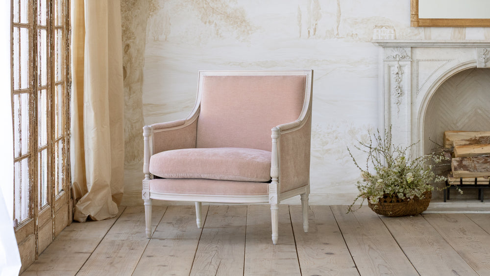 Hugo Berg√®re in Peach Blossom Chenille and Pale Ashwood Finish