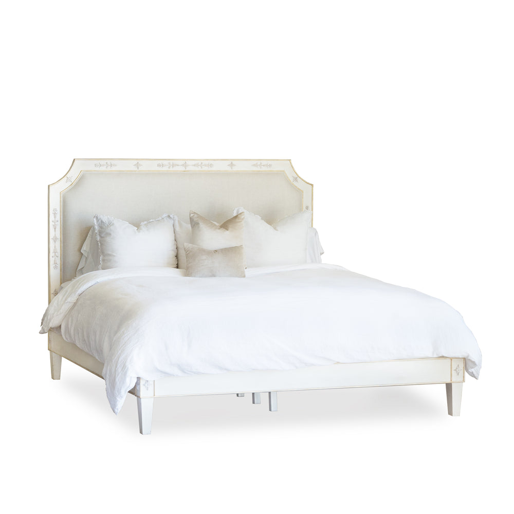 Olympia Bed in Sand Dune Linen and Coral White with Gilt Finish