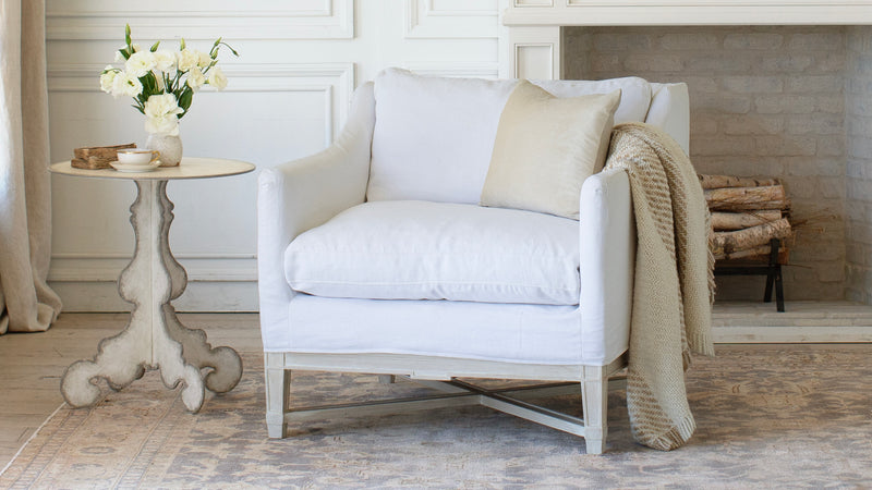 Scandinavian Bergère in Whispy White Linen Slipcover and Worn Oak Fini