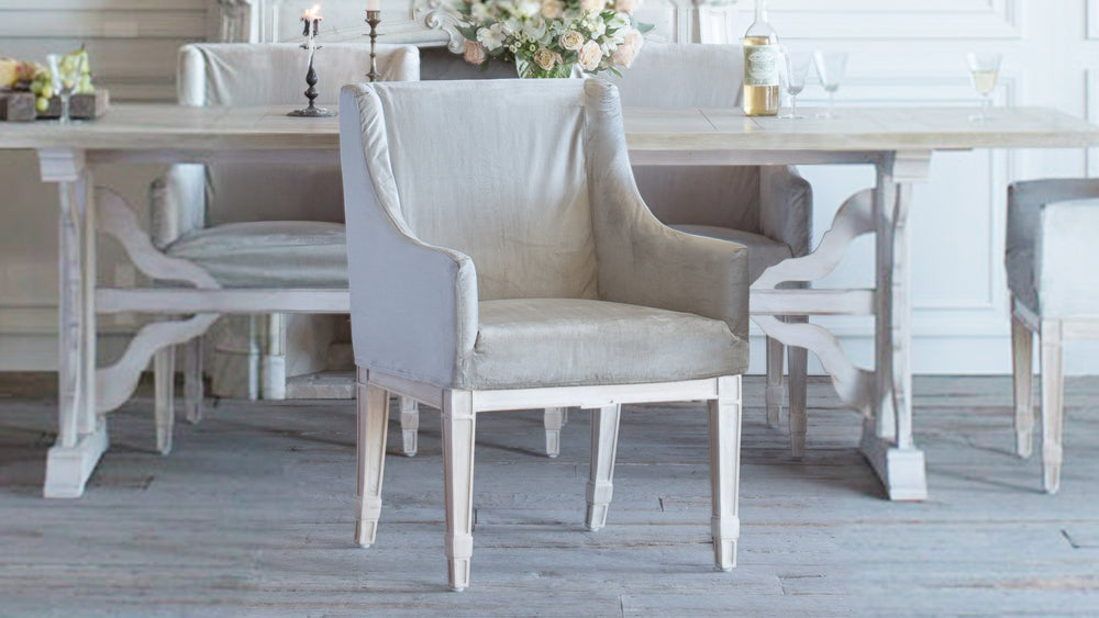 Scandinavian Dining Chair in Dove Velvet Slipcover and Worn Oak Finish