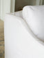 Scandinavian Loveseat in Whispy White Linen Slipcover and Worn Oak Finish