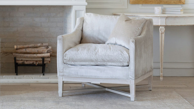 Scandinavian Bergère in Dove Velvet Slipcover and Worn Oak Finish