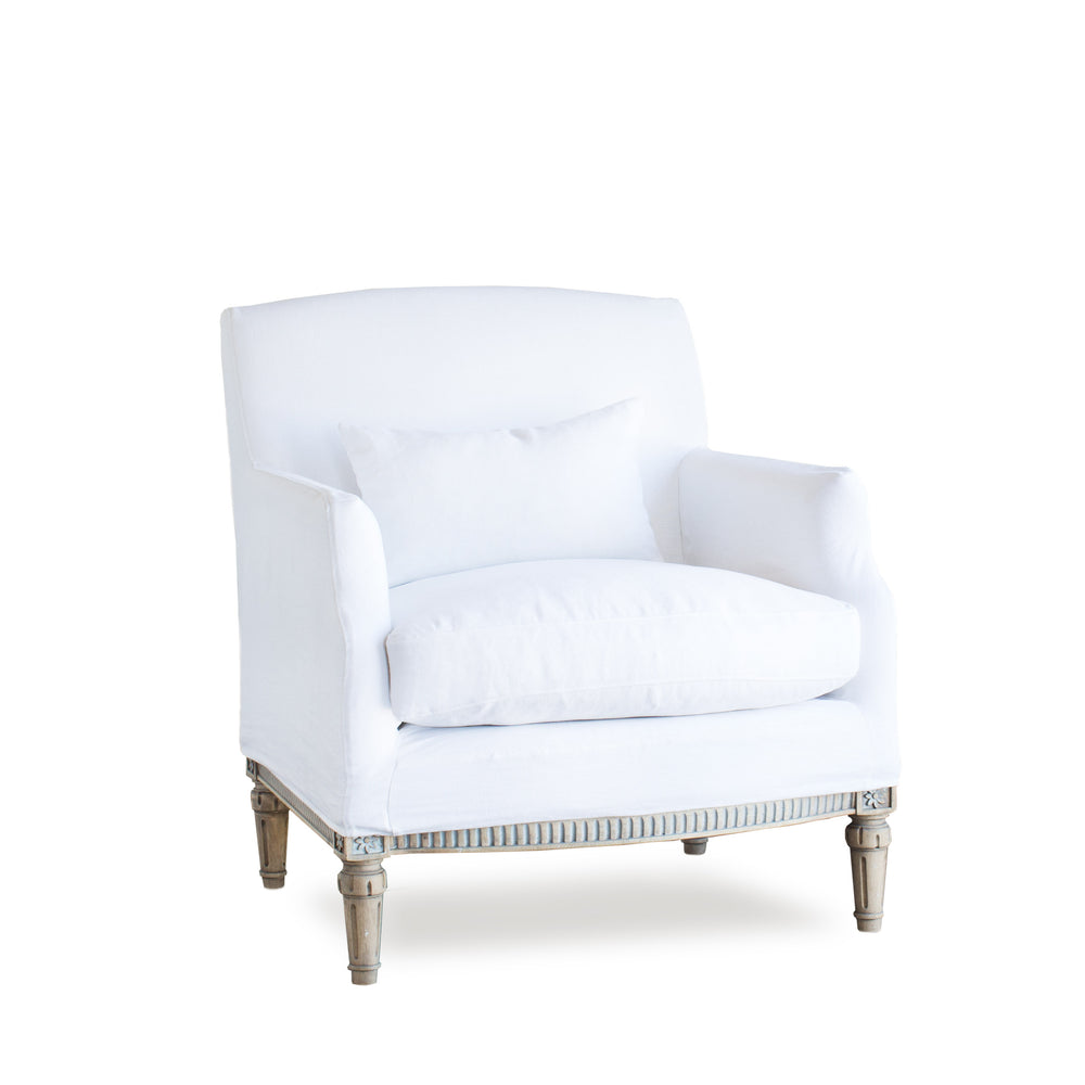 Louis Cannes Bergere in Whispy White Linen Slipcover and Starboard Oak Finish